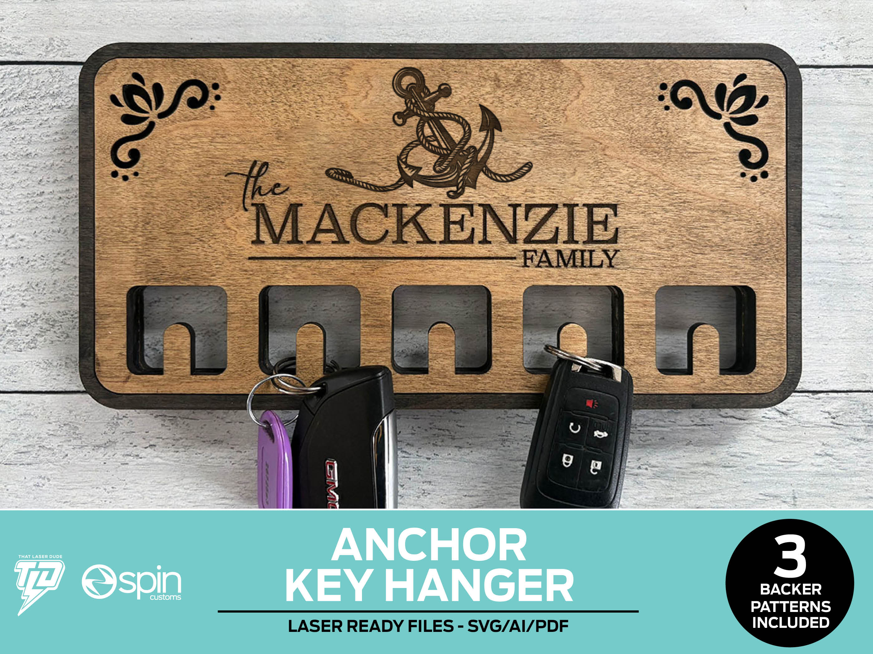 Anchor Engraved Key Hanger - 3 Backer Options - Laser Ready file - No ...