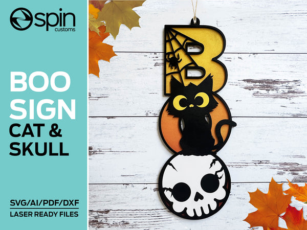 Cat & Skull "BOO" Sign - Halloween - Laser ready file