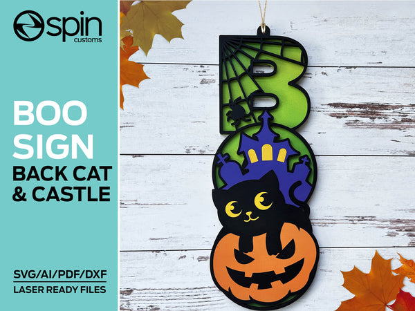 Cat & Castle "BOO" Sign - Halloween - Laser ready file