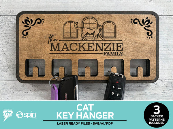 Cat Engraved Key Hanger - 3 Backer Options - Laser Ready file - No Hooks