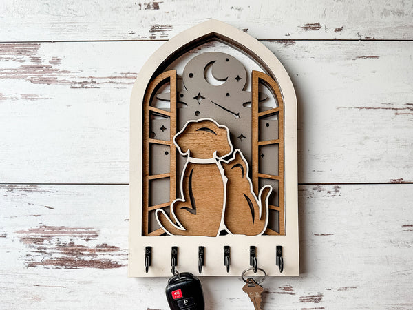 Dog and Cat in Window Arch Key Hanger or Decor - Laser Ready file - Glowforge and All Lasers