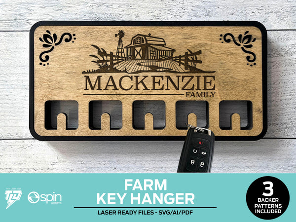 Farm Engraved Key Hanger - 3 Backer Options - Laser Ready file - No Hooks