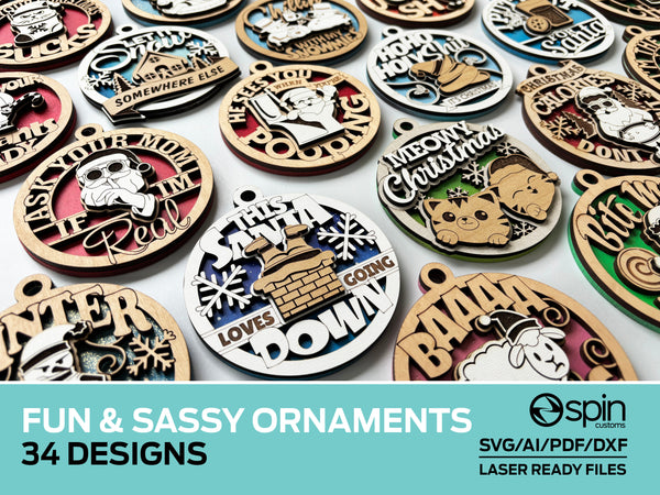 Fun and Sassy Christmas Ornaments - 34 Designs - Laser ready files - Glowforge and Lightburn Tested - For all Lasers