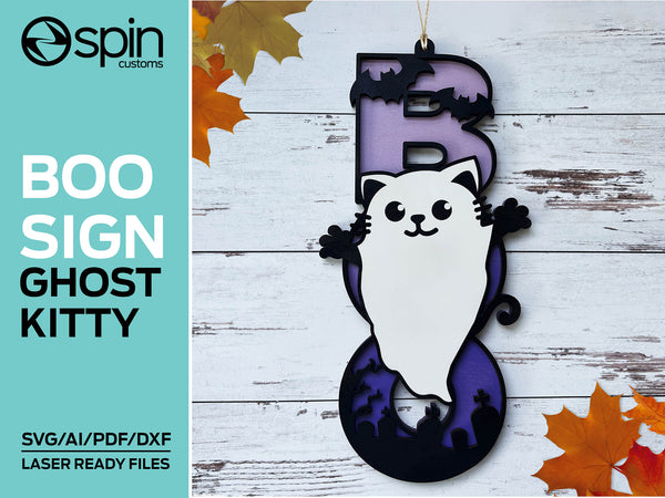 Ghost Kitty "BOO" Sign - Halloween - Laser ready file