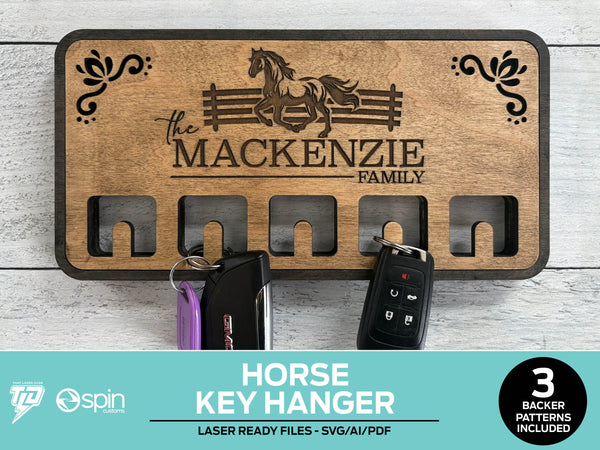 Horse Engraved Key Hanger - 3 Backer Options - Laser Ready file - No Hooks
