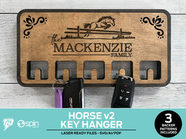 Jumping Horse Engraved Key Hanger - 3 Backer Options - Laser Ready file - No Hooks