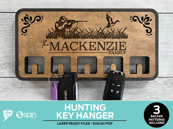 Hunting Engraved Key Hanger - 3 Backer Options - Laser Ready file - No Hooks