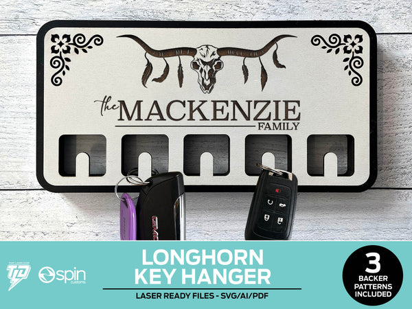 Longhorn Engraved Key Hanger - 3 Backer Options - Laser Ready file - No Hooks