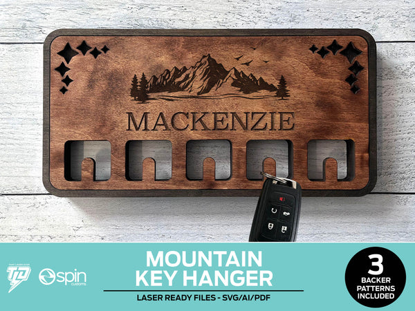 Mountain Engraved Key Hanger - 3 Backer Options - Laser Ready file - No Hooks