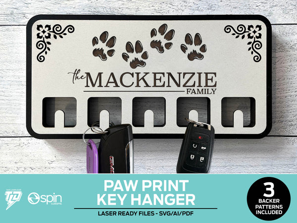 Paw Prints Tree Engraved Key Hanger - 3 Backer Options - Laser Ready file - No Hooks