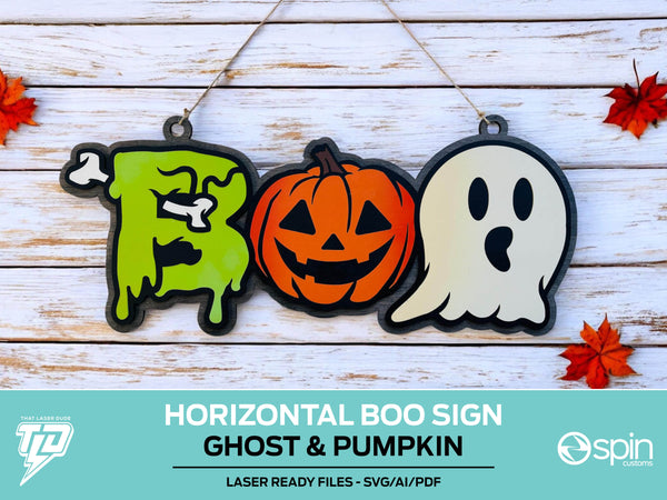 Boo Sign - Ghost and Pumpkin - Horizontal - Laser ready file - All Lasers