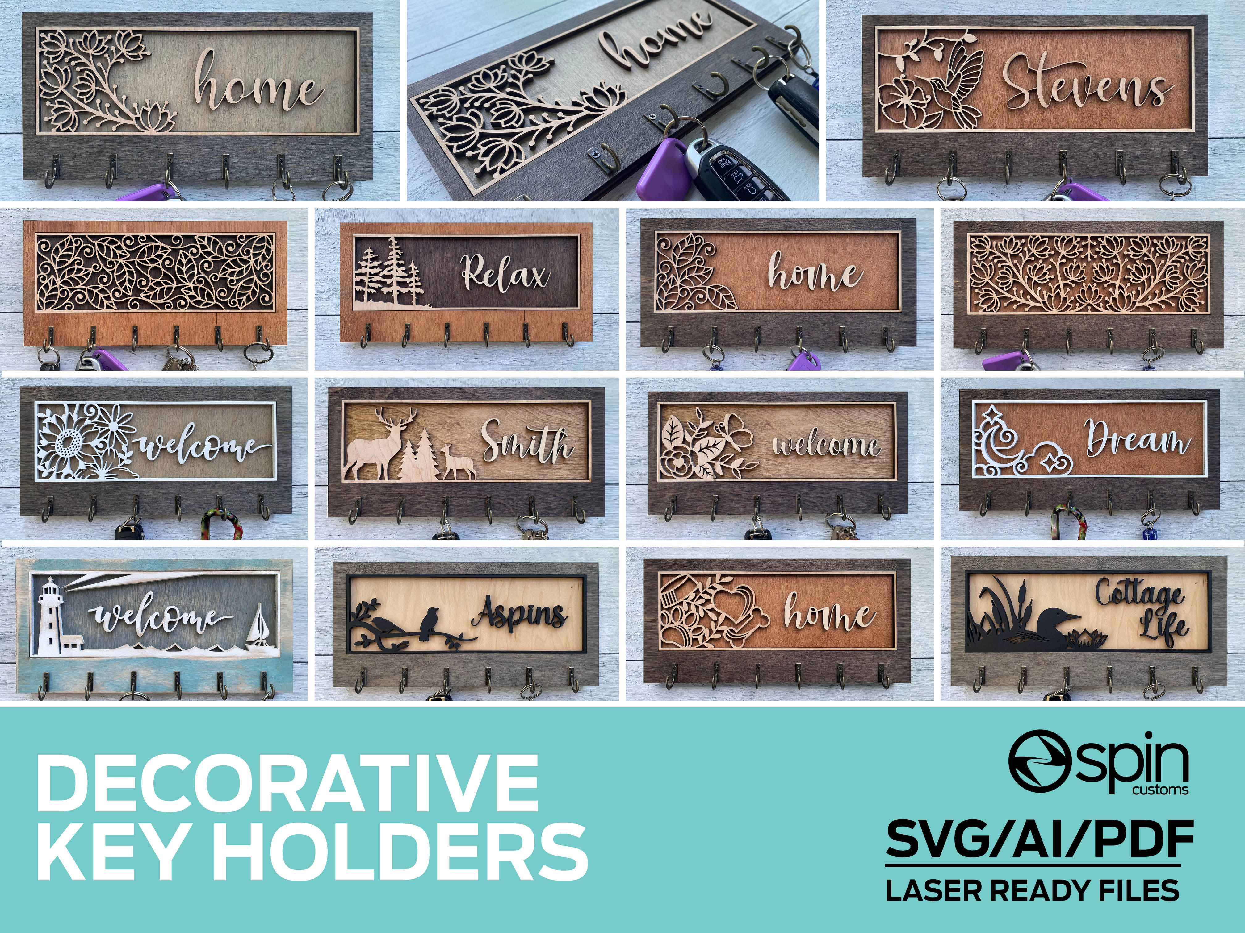 Decorative Key Holders Bundle - 14 Designs - Glowforge and Lightburn T ...