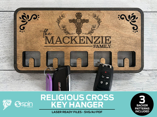 Holy Cross Tree Engraved Key Hanger - 3 Backer Options - Laser Ready file - No Hooks