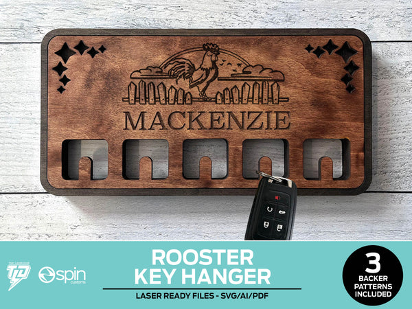 Rooster Tree Engraved Key Hanger - 3 Backer Options - Laser Ready file - No Hooks