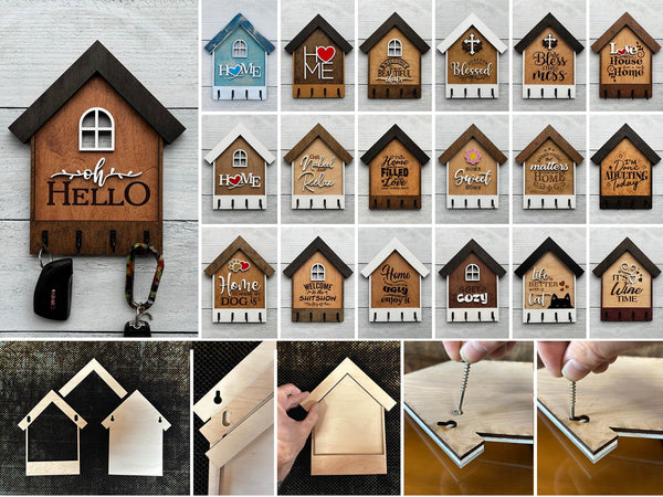 House Shaped Key Hangers - 18 Designs - Laser Ready file - Glowforge and All Lasers