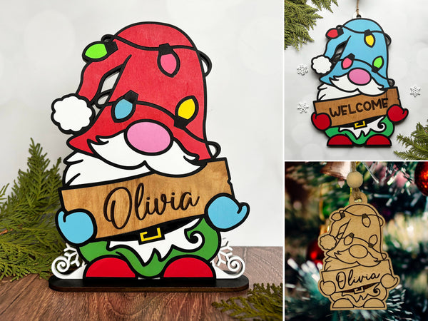 Christmas Gnome Stand, Sign and Ornament Bundle - Personalizable - Laser Ready File - Glowforge and Lightburn Tested