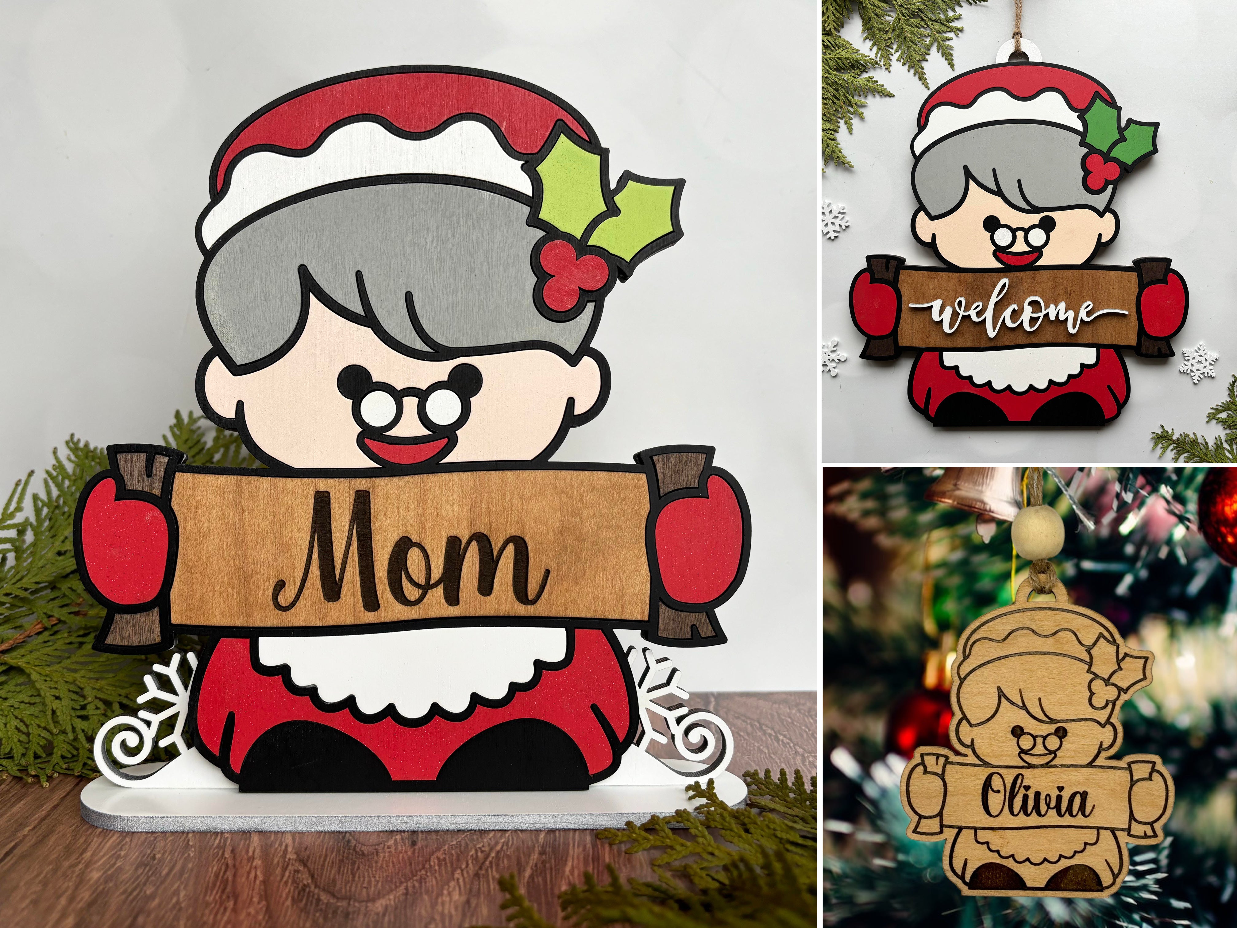 Ms. Claus Stand, Sign and Ornament Bundle - Personalizable - Laser Rea ...