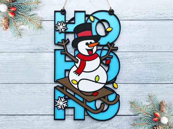 HO HO HO Sign - Snowman - Christmas