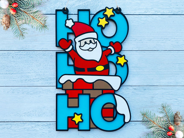 HO HO HO Sign - Santa in Chimney - Christmas